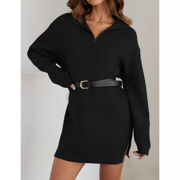imageZESICA Womens 2024 Long Sleeve Mini Sweater Dress Fall Quarter Zip Ribbed Knit Oversized Pullover Jumper SweatersBlack