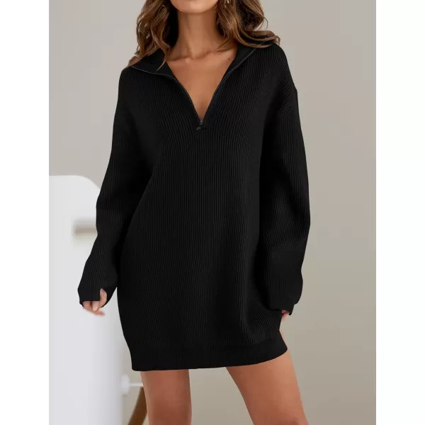 imageZESICA Womens 2024 Long Sleeve Mini Sweater Dress Fall Quarter Zip Ribbed Knit Oversized Pullover Jumper SweatersBlack