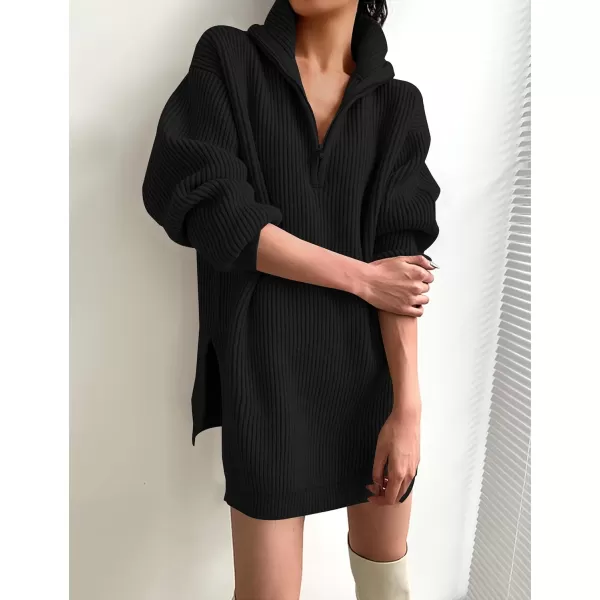 imageZESICA Womens 2024 Long Sleeve Mini Sweater Dress Fall Quarter Zip Ribbed Knit Oversized Pullover Jumper SweatersBlack