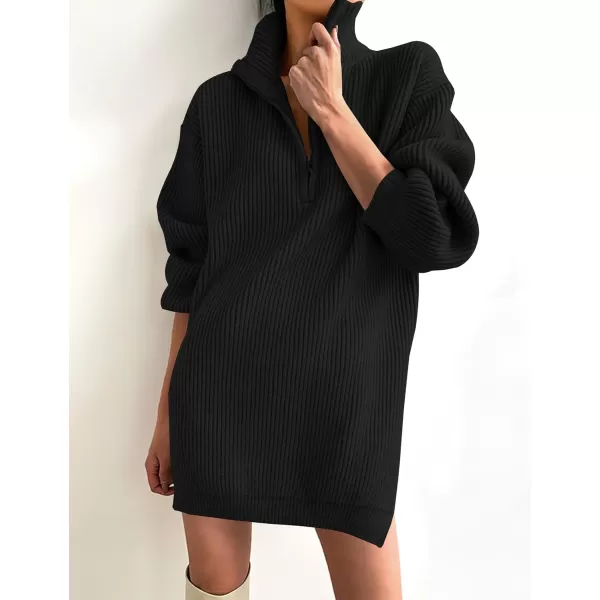 imageZESICA Womens 2024 Long Sleeve Mini Sweater Dress Fall Quarter Zip Ribbed Knit Oversized Pullover Jumper SweatersBlack