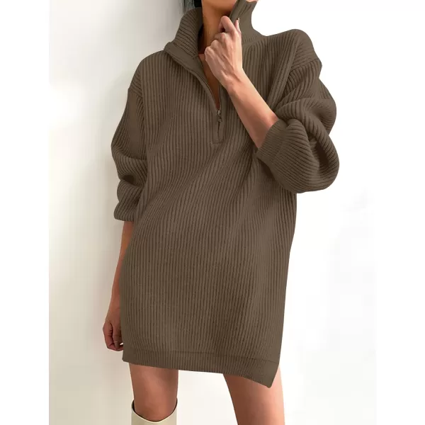 imageZESICA Womens 2024 Long Sleeve Mini Sweater Dress Fall Quarter Zip Ribbed Knit Oversized Pullover Jumper SweatersCoffee