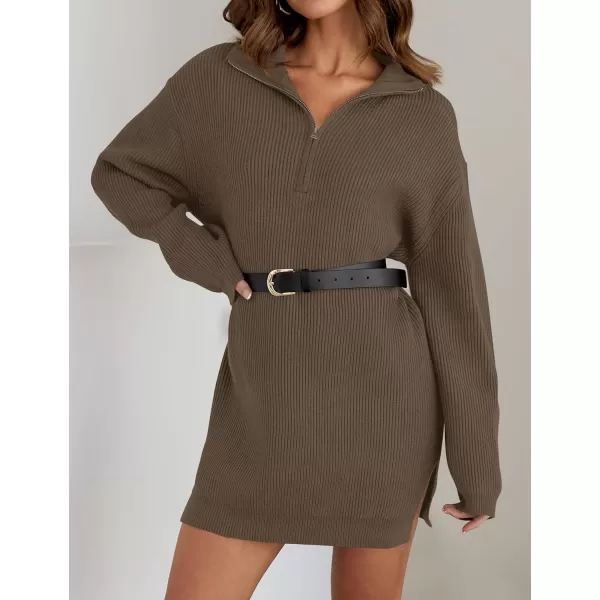 imageZESICA Womens 2024 Long Sleeve Mini Sweater Dress Fall Quarter Zip Ribbed Knit Oversized Pullover Jumper SweatersCoffee