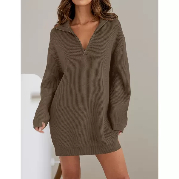 imageZESICA Womens 2024 Long Sleeve Mini Sweater Dress Fall Quarter Zip Ribbed Knit Oversized Pullover Jumper SweatersCoffee