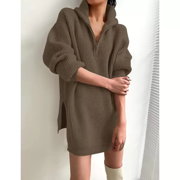 imageZESICA Womens 2024 Long Sleeve Mini Sweater Dress Fall Quarter Zip Ribbed Knit Oversized Pullover Jumper SweatersCoffee
