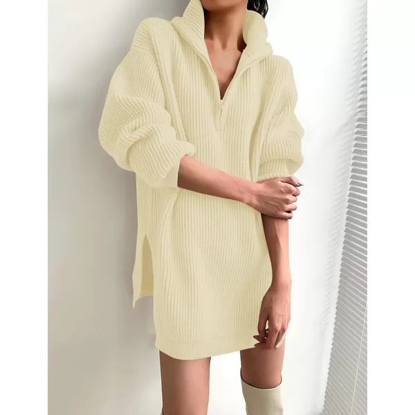 imageZESICA Womens 2024 Long Sleeve Mini Sweater Dress Fall Quarter Zip Ribbed Knit Oversized Pullover Jumper SweatersCream