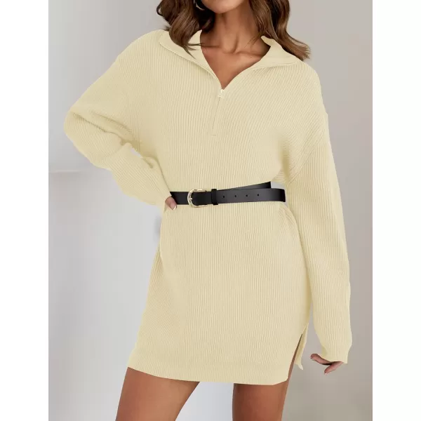 imageZESICA Womens 2024 Long Sleeve Mini Sweater Dress Fall Quarter Zip Ribbed Knit Oversized Pullover Jumper SweatersCream