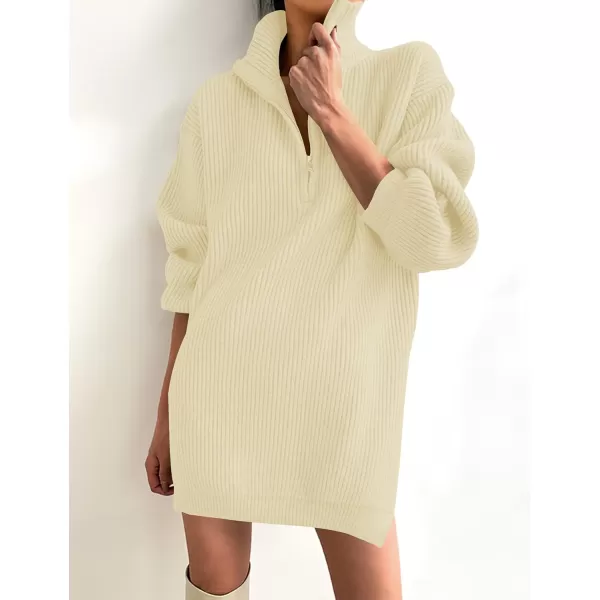 imageZESICA Womens 2024 Long Sleeve Mini Sweater Dress Fall Quarter Zip Ribbed Knit Oversized Pullover Jumper SweatersCream