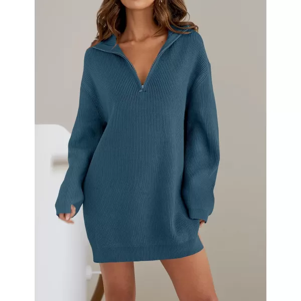 imageZESICA Womens 2024 Long Sleeve Mini Sweater Dress Fall Quarter Zip Ribbed Knit Oversized Pullover Jumper SweatersDarkblue