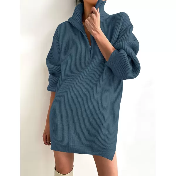 imageZESICA Womens 2024 Long Sleeve Mini Sweater Dress Fall Quarter Zip Ribbed Knit Oversized Pullover Jumper SweatersDarkblue