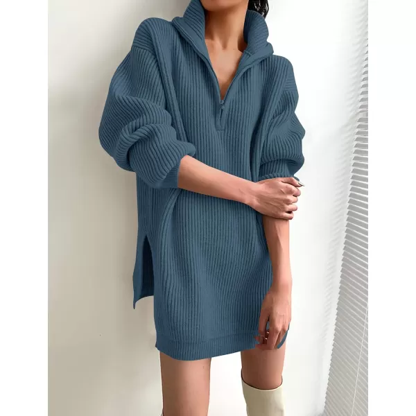 imageZESICA Womens 2024 Long Sleeve Mini Sweater Dress Fall Quarter Zip Ribbed Knit Oversized Pullover Jumper SweatersDarkblue