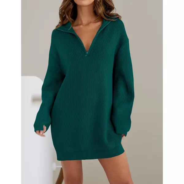 imageZESICA Womens 2024 Long Sleeve Mini Sweater Dress Fall Quarter Zip Ribbed Knit Oversized Pullover Jumper SweatersDarkgreen
