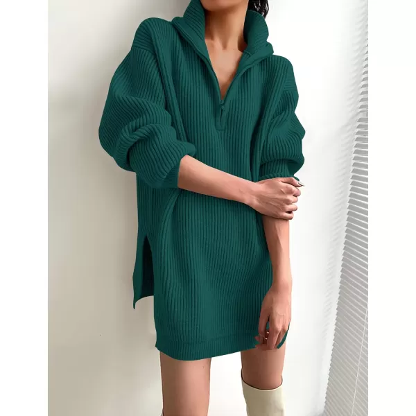 imageZESICA Womens 2024 Long Sleeve Mini Sweater Dress Fall Quarter Zip Ribbed Knit Oversized Pullover Jumper SweatersDarkgreen