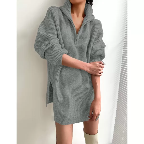 imageZESICA Womens 2024 Long Sleeve Mini Sweater Dress Fall Quarter Zip Ribbed Knit Oversized Pullover Jumper SweatersGrey