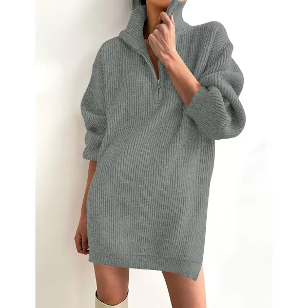 imageZESICA Womens 2024 Long Sleeve Mini Sweater Dress Fall Quarter Zip Ribbed Knit Oversized Pullover Jumper SweatersGrey