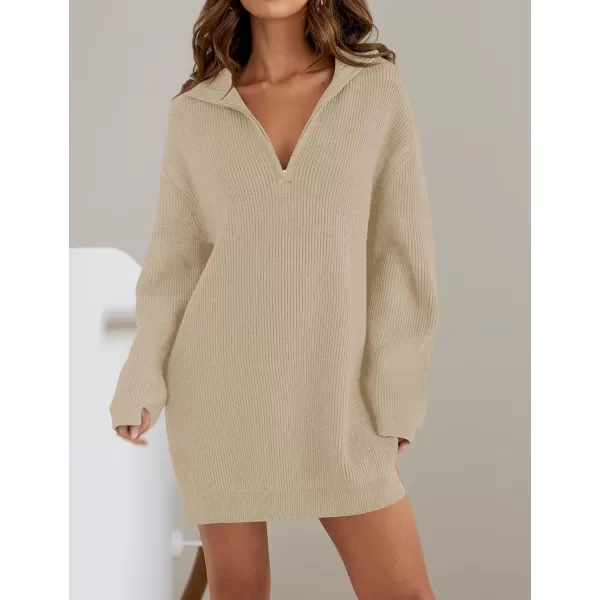 imageZESICA Womens 2024 Long Sleeve Mini Sweater Dress Fall Quarter Zip Ribbed Knit Oversized Pullover Jumper SweatersKhaki