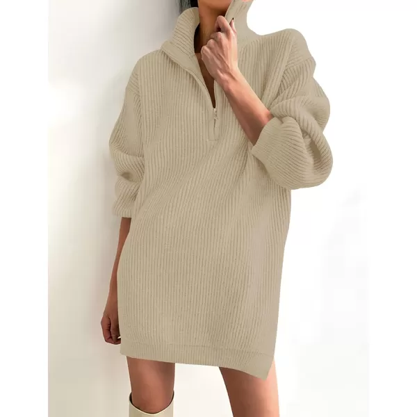 imageZESICA Womens 2024 Long Sleeve Mini Sweater Dress Fall Quarter Zip Ribbed Knit Oversized Pullover Jumper SweatersKhaki