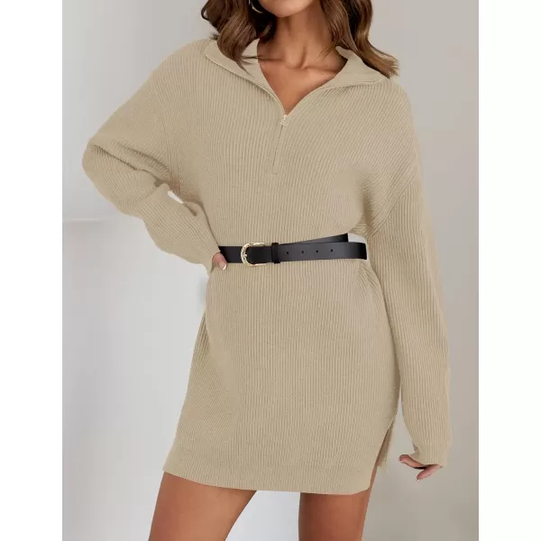 imageZESICA Womens 2024 Long Sleeve Mini Sweater Dress Fall Quarter Zip Ribbed Knit Oversized Pullover Jumper SweatersKhaki