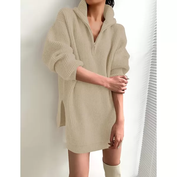 imageZESICA Womens 2024 Long Sleeve Mini Sweater Dress Fall Quarter Zip Ribbed Knit Oversized Pullover Jumper SweatersKhaki