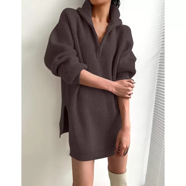 imageZESICA Womens 2024 Long Sleeve Mini Sweater Dress Fall Quarter Zip Ribbed Knit Oversized Pullover Jumper SweatersNutmeg