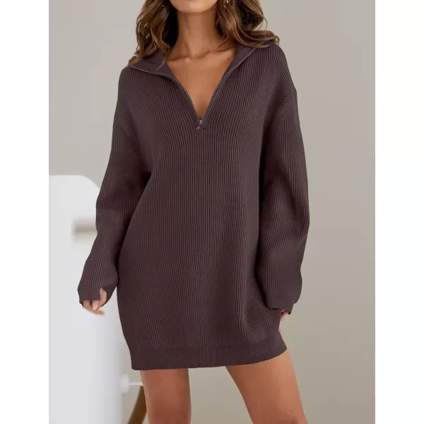 imageZESICA Womens 2024 Long Sleeve Mini Sweater Dress Fall Quarter Zip Ribbed Knit Oversized Pullover Jumper SweatersNutmeg