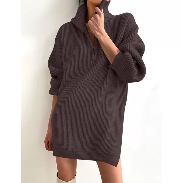 imageZESICA Womens 2024 Long Sleeve Mini Sweater Dress Fall Quarter Zip Ribbed Knit Oversized Pullover Jumper SweatersNutmeg
