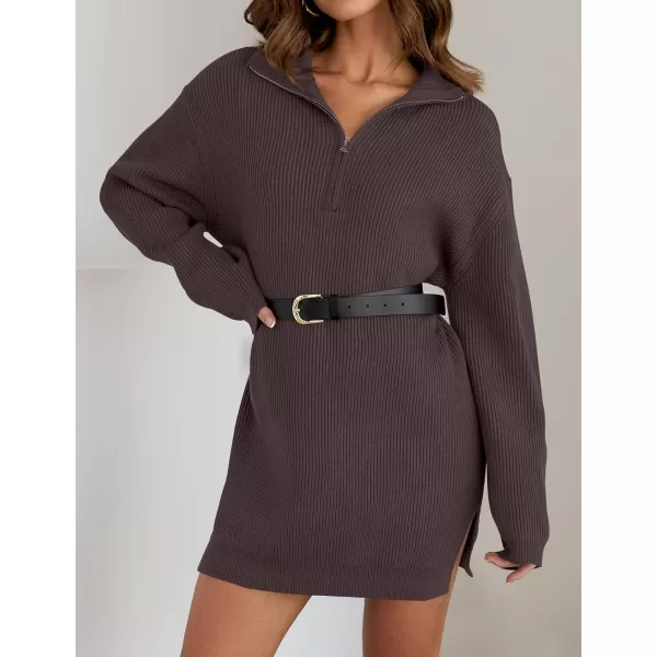 imageZESICA Womens 2024 Long Sleeve Mini Sweater Dress Fall Quarter Zip Ribbed Knit Oversized Pullover Jumper SweatersNutmeg