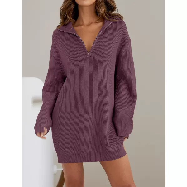 imageZESICA Womens 2024 Long Sleeve Mini Sweater Dress Fall Quarter Zip Ribbed Knit Oversized Pullover Jumper SweatersPurple