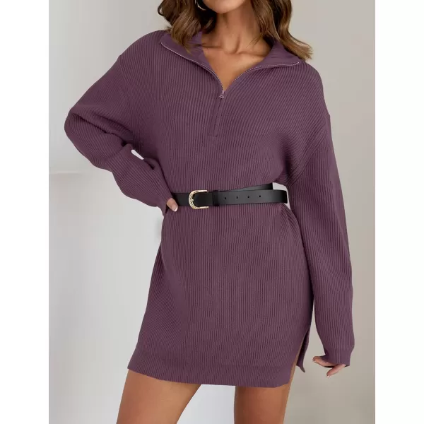 imageZESICA Womens 2024 Long Sleeve Mini Sweater Dress Fall Quarter Zip Ribbed Knit Oversized Pullover Jumper SweatersPurple