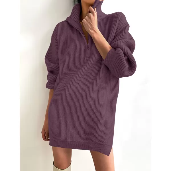 imageZESICA Womens 2024 Long Sleeve Mini Sweater Dress Fall Quarter Zip Ribbed Knit Oversized Pullover Jumper SweatersPurple
