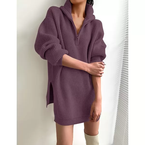 imageZESICA Womens 2024 Long Sleeve Mini Sweater Dress Fall Quarter Zip Ribbed Knit Oversized Pullover Jumper SweatersPurple