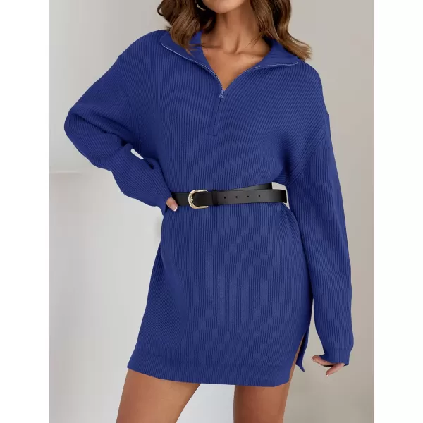 imageZESICA Womens 2024 Long Sleeve Mini Sweater Dress Fall Quarter Zip Ribbed Knit Oversized Pullover Jumper SweatersRoyalblue