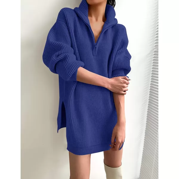 imageZESICA Womens 2024 Long Sleeve Mini Sweater Dress Fall Quarter Zip Ribbed Knit Oversized Pullover Jumper SweatersRoyalblue
