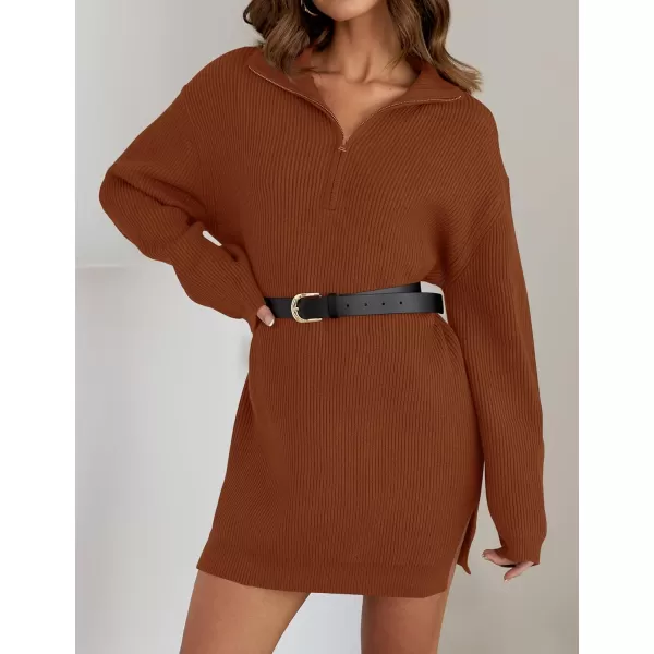 imageZESICA Womens 2024 Long Sleeve Mini Sweater Dress Fall Quarter Zip Ribbed Knit Oversized Pullover Jumper SweatersRust