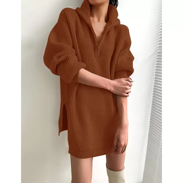 imageZESICA Womens 2024 Long Sleeve Mini Sweater Dress Fall Quarter Zip Ribbed Knit Oversized Pullover Jumper SweatersRust