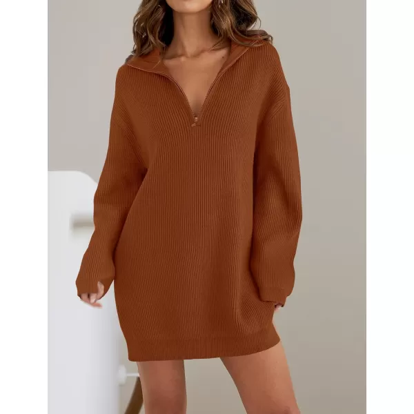 imageZESICA Womens 2024 Long Sleeve Mini Sweater Dress Fall Quarter Zip Ribbed Knit Oversized Pullover Jumper SweatersRust