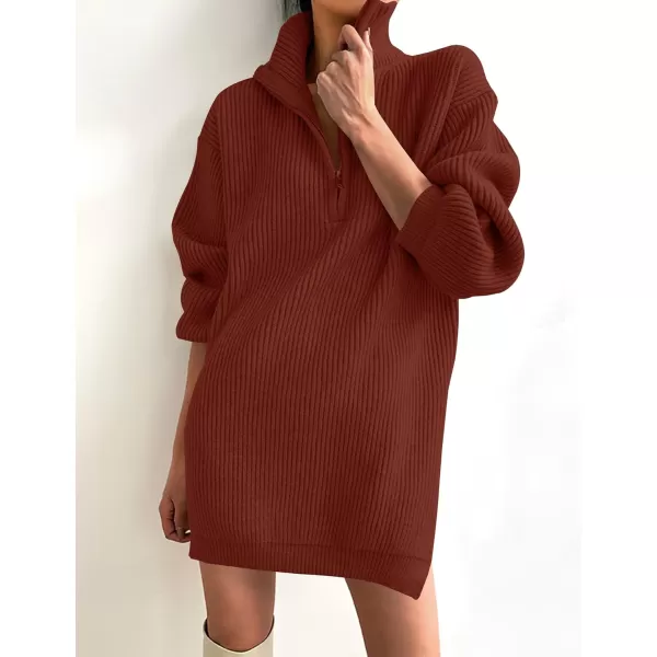 imageZESICA Womens 2024 Long Sleeve Mini Sweater Dress Fall Quarter Zip Ribbed Knit Oversized Pullover Jumper SweatersWine