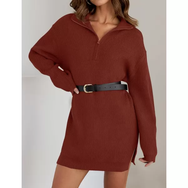 imageZESICA Womens 2024 Long Sleeve Mini Sweater Dress Fall Quarter Zip Ribbed Knit Oversized Pullover Jumper SweatersWine
