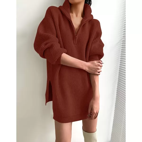 imageZESICA Womens 2024 Long Sleeve Mini Sweater Dress Fall Quarter Zip Ribbed Knit Oversized Pullover Jumper SweatersWine