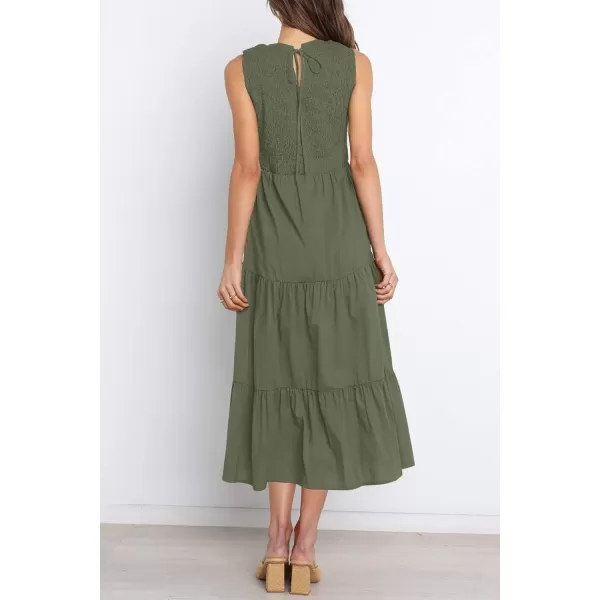 imageZESICA Womens 2024 Summer Casual Sleeveless Crew Neck Smocked High Waist Flowy Tiered A Line Midi DressArmygreen