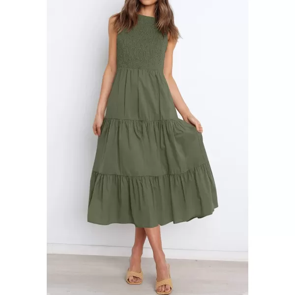 imageZESICA Womens 2024 Summer Casual Sleeveless Crew Neck Smocked High Waist Flowy Tiered A Line Midi DressArmygreen