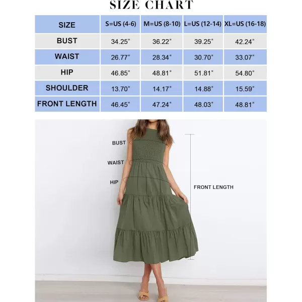 imageZESICA Womens 2024 Summer Casual Sleeveless Crew Neck Smocked High Waist Flowy Tiered A Line Midi DressArmygreen