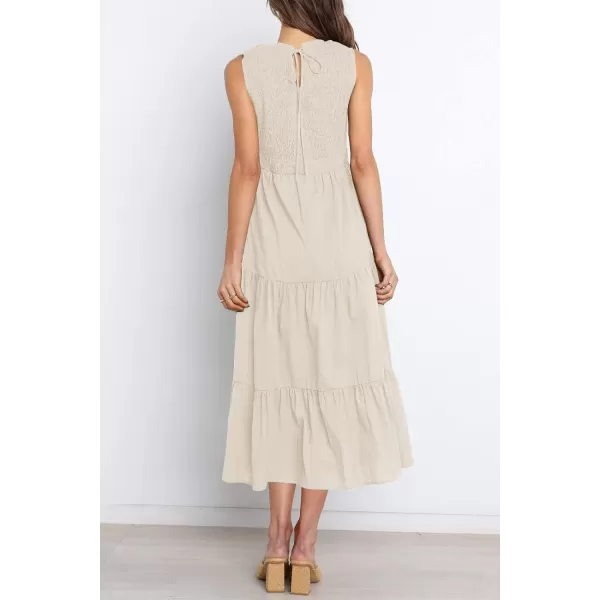 imageZESICA Womens 2024 Summer Casual Sleeveless Crew Neck Smocked High Waist Flowy Tiered A Line Midi DressBeige