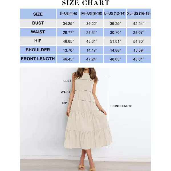 imageZESICA Womens 2024 Summer Casual Sleeveless Crew Neck Smocked High Waist Flowy Tiered A Line Midi DressBeige