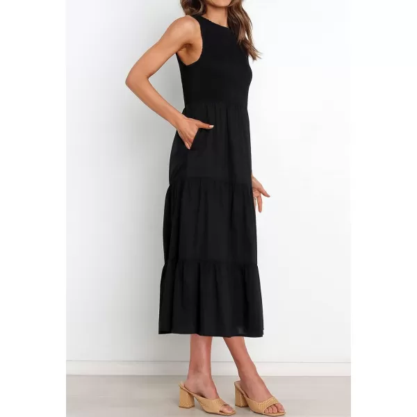 imageZESICA Womens 2024 Summer Casual Sleeveless Crew Neck Smocked High Waist Flowy Tiered A Line Midi DressBlack