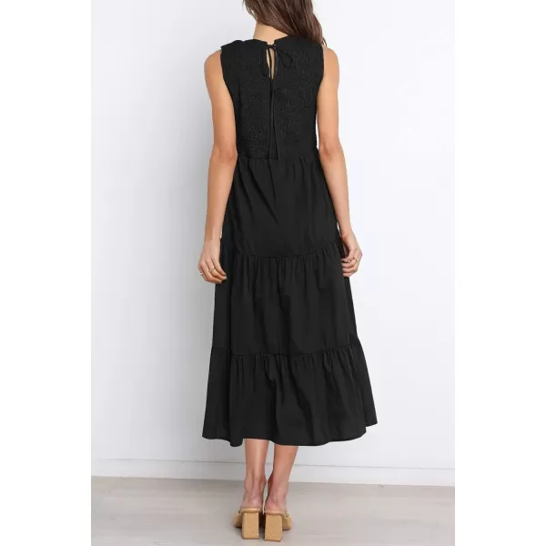 imageZESICA Womens 2024 Summer Casual Sleeveless Crew Neck Smocked High Waist Flowy Tiered A Line Midi DressBlack