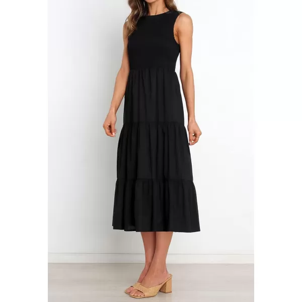 imageZESICA Womens 2024 Summer Casual Sleeveless Crew Neck Smocked High Waist Flowy Tiered A Line Midi DressBlack