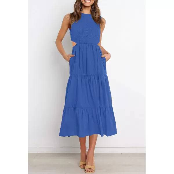 imageZESICA Womens 2024 Summer Casual Sleeveless Crew Neck Smocked High Waist Flowy Tiered A Line Midi DressCutoutroyalblue