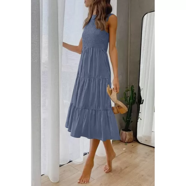 imageZESICA Womens 2024 Summer Casual Sleeveless Crew Neck Smocked High Waist Flowy Tiered A Line Midi DressDustyblue