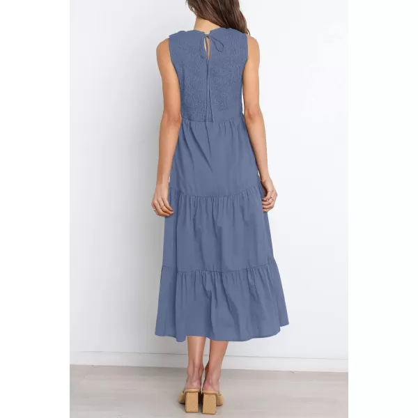 imageZESICA Womens 2024 Summer Casual Sleeveless Crew Neck Smocked High Waist Flowy Tiered A Line Midi DressDustyblue