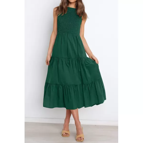 imageZESICA Womens 2024 Summer Casual Sleeveless Crew Neck Smocked High Waist Flowy Tiered A Line Midi DressForestgreen